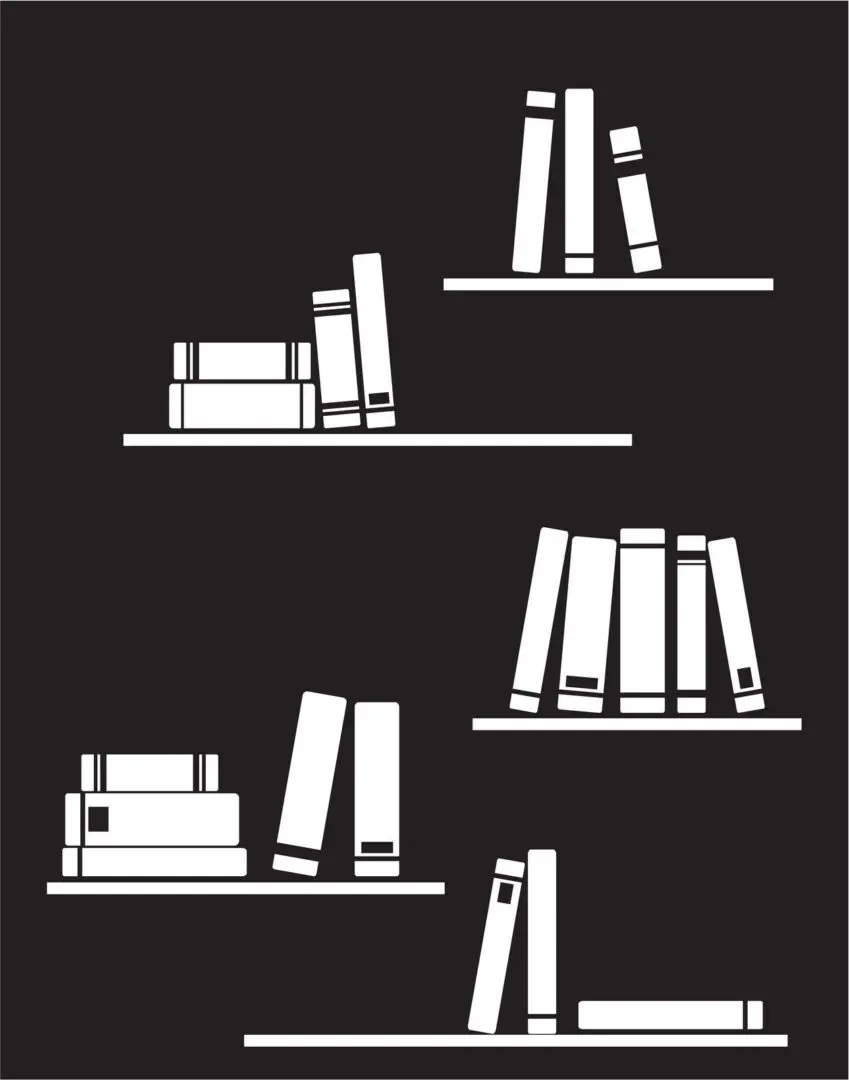 A black and white image of books on shelves.