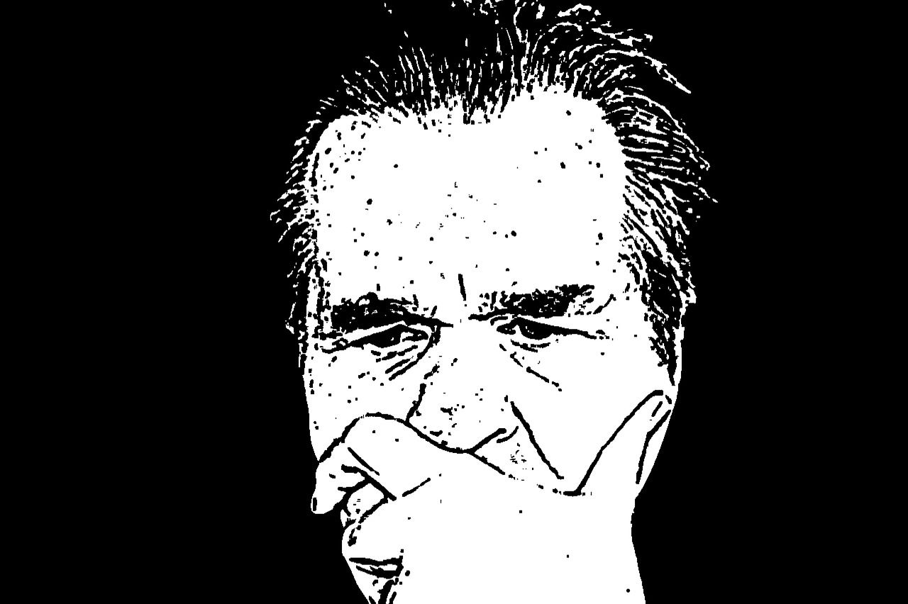 A black and white drawing of a man with his hand to his face.